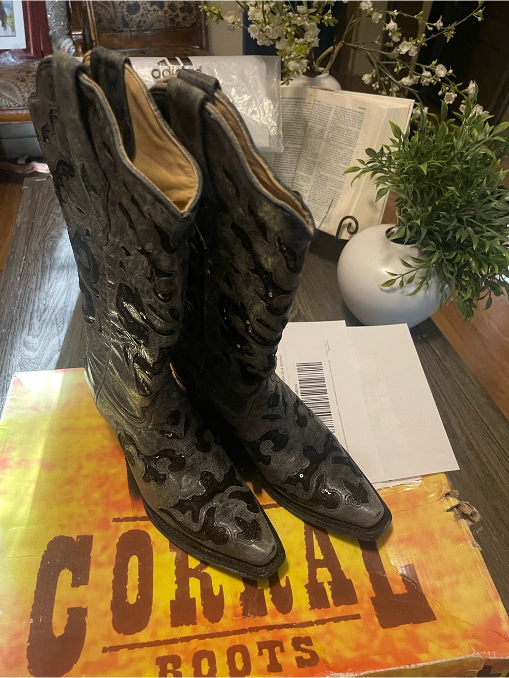 Corral Black and Gray Embroidered Western Heel Boots